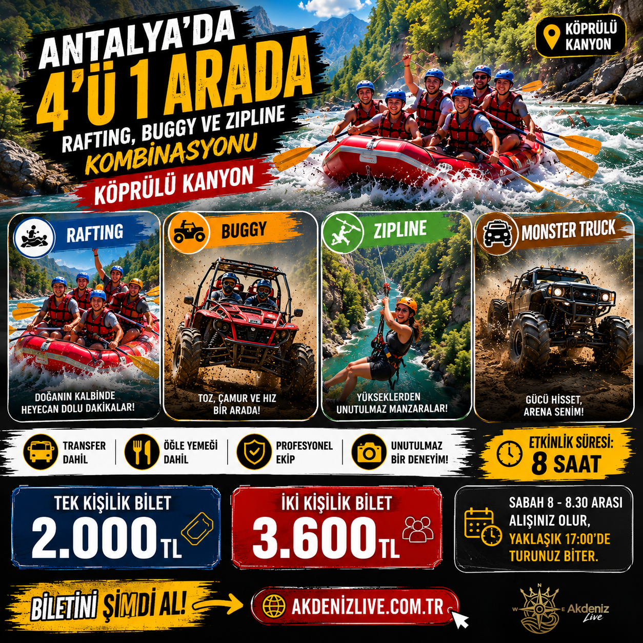 Akdeniz Live 4x Combo – Ziplining, Rafting, Jeep Turu